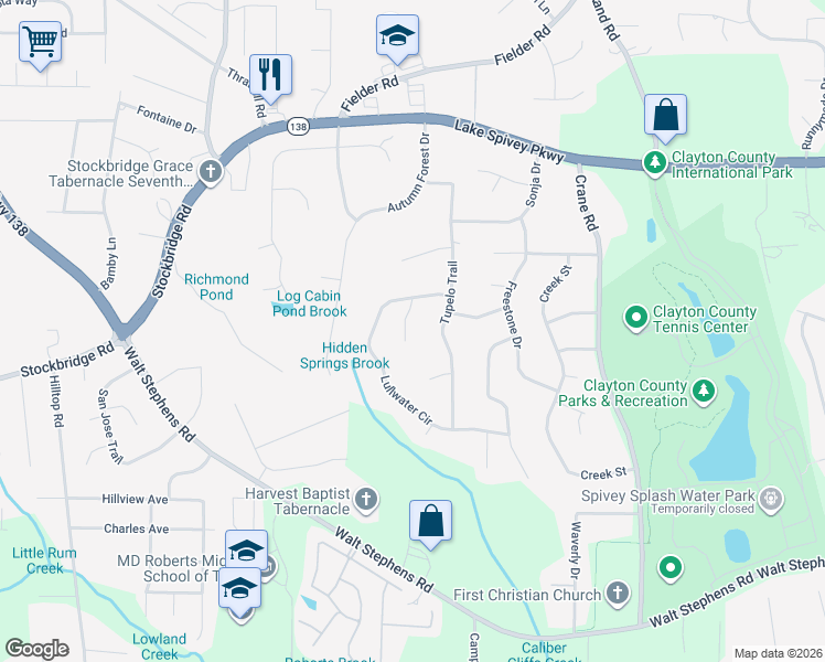 map of restaurants, bars, coffee shops, grocery stores, and more near 1999 Lullwater Circle in Jonesboro