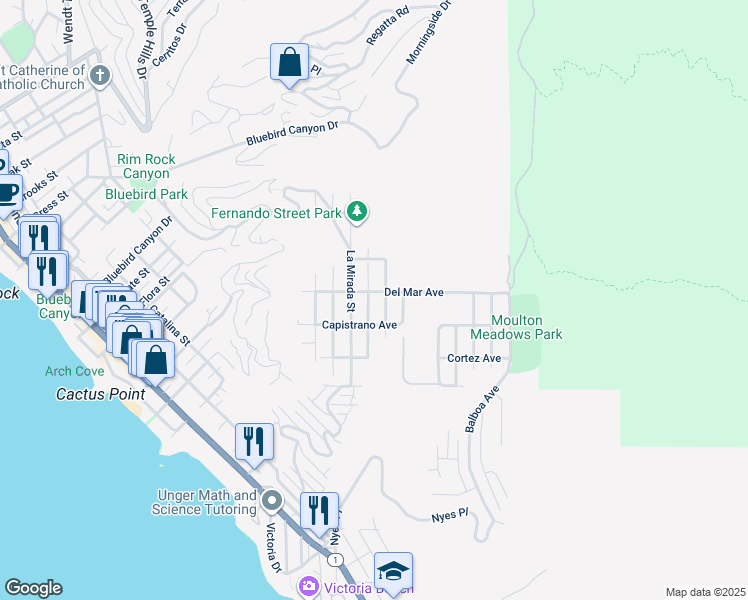 map of restaurants, bars, coffee shops, grocery stores, and more near 1076 Miramar Street in Laguna Beach