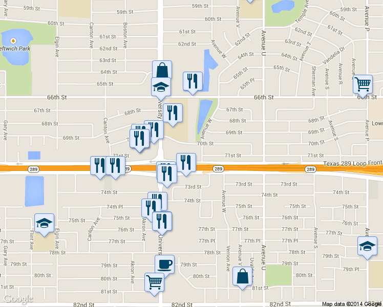 map of restaurants, bars, coffee shops, grocery stores, and more near 2309 70th Street in Lubbock