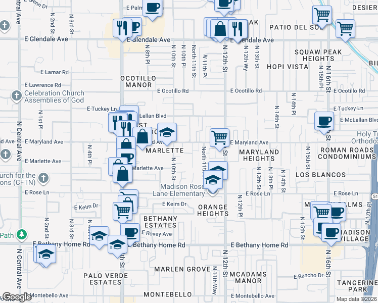 map of restaurants, bars, coffee shops, grocery stores, and more near 6502 North Villa Manana Drive in Phoenix