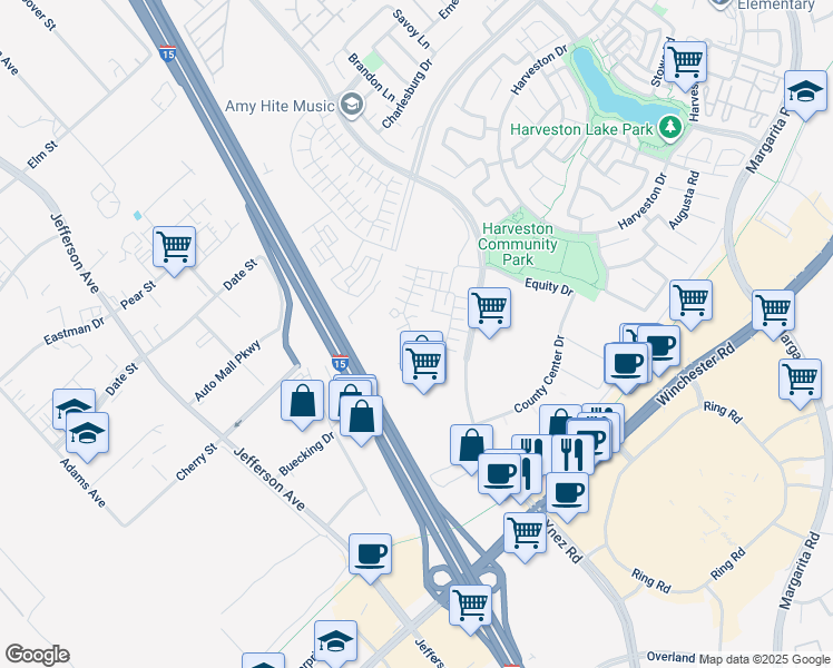 map of restaurants, bars, coffee shops, grocery stores, and more near 28537 Via Prago in Temecula