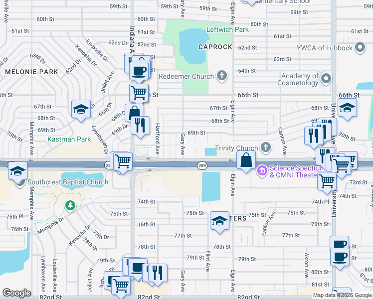 map of restaurants, bars, coffee shops, grocery stores, and more near 6905 Gary Avenue in Lubbock