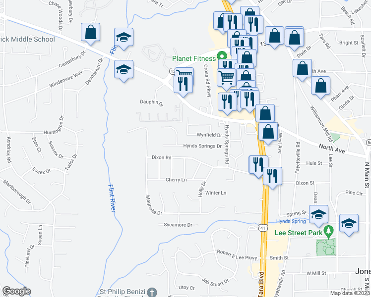 map of restaurants, bars, coffee shops, grocery stores, and more near 649 Hynds Springs Drive in Jonesboro