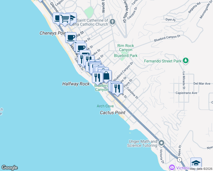 map of restaurants, bars, coffee shops, grocery stores, and more near 1590 South Coast Highway in Laguna Beach