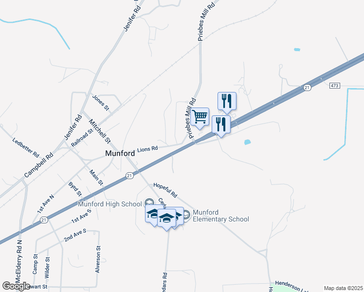 map of restaurants, bars, coffee shops, grocery stores, and more near 498 Lions Road in Munford
