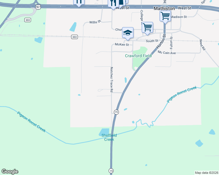 map of restaurants, bars, coffee shops, grocery stores, and more near 245 Natchez Trace Road in Mathiston