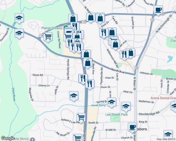 map of restaurants, bars, coffee shops, grocery stores, and more near 8180 Tara Boulevard in Jonesboro