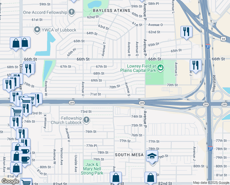 map of restaurants, bars, coffee shops, grocery stores, and more near 1919 70th Street in Lubbock
