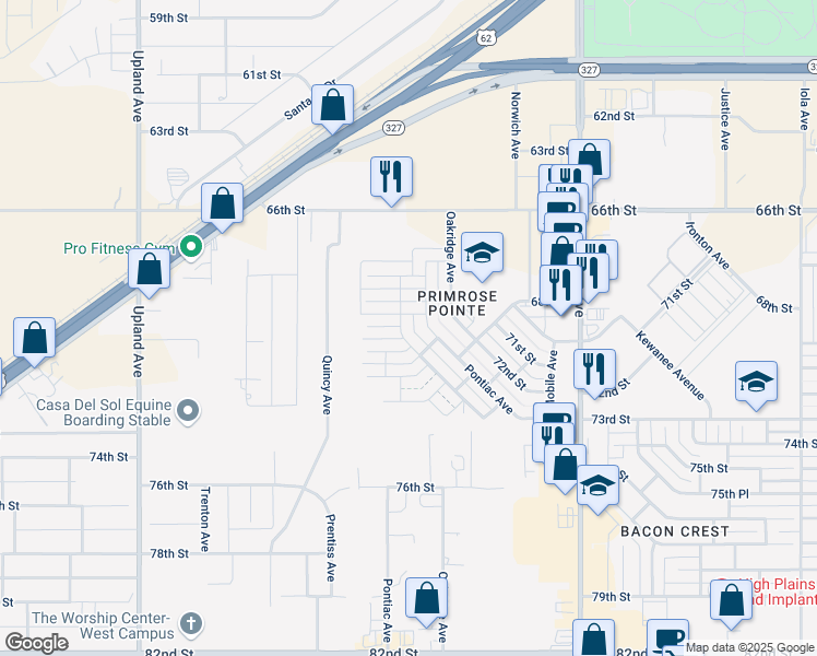 map of restaurants, bars, coffee shops, grocery stores, and more near 6807 68th Street in Lubbock
