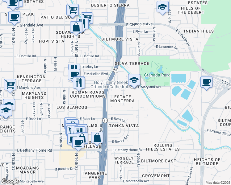 map of restaurants, bars, coffee shops, grocery stores, and more near 1824 East Maryland Avenue in Phoenix