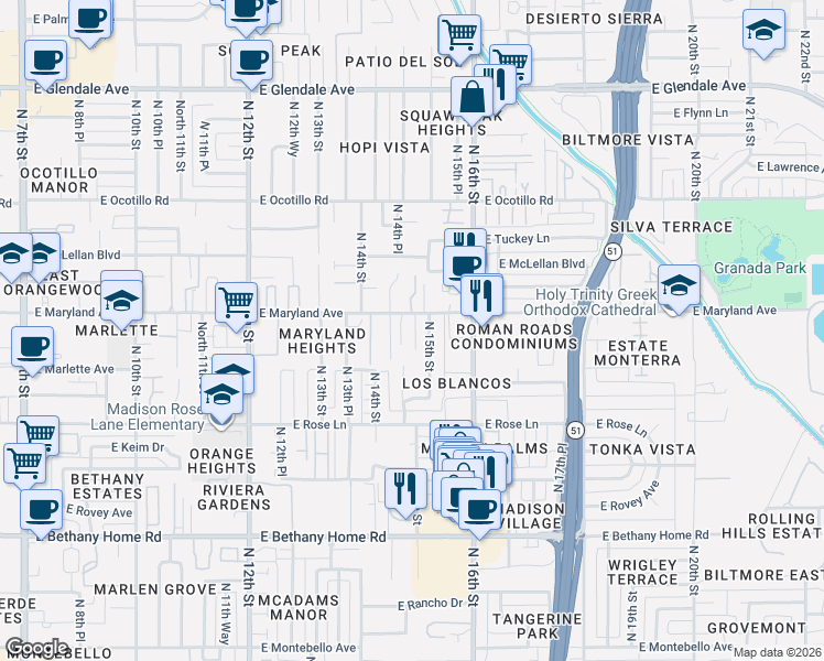 map of restaurants, bars, coffee shops, grocery stores, and more near 6505 Place D'Valencia in Phoenix