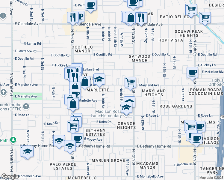 map of restaurants, bars, coffee shops, grocery stores, and more near 6502 North Villa Manana Drive in Phoenix