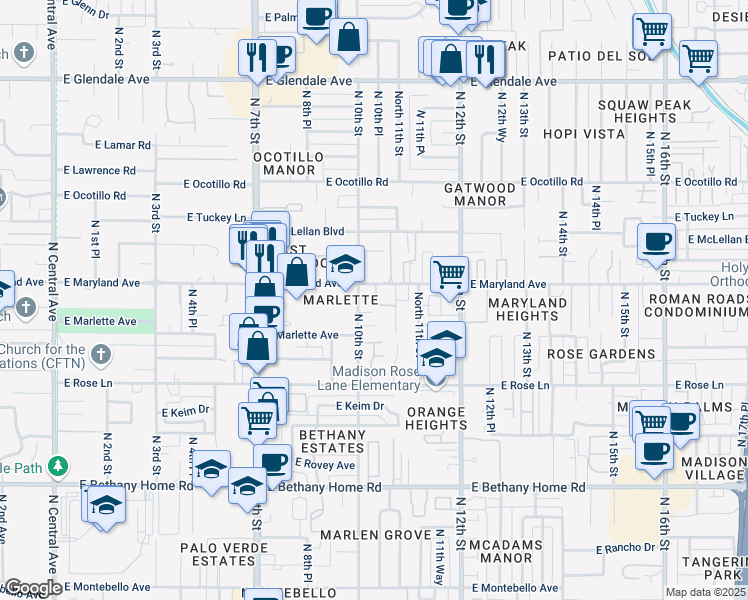 map of restaurants, bars, coffee shops, grocery stores, and more near 1017 East Maryland Avenue in Phoenix