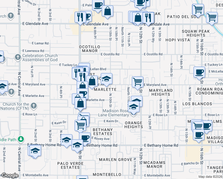 map of restaurants, bars, coffee shops, grocery stores, and more near 1017 East Maryland Avenue in Phoenix