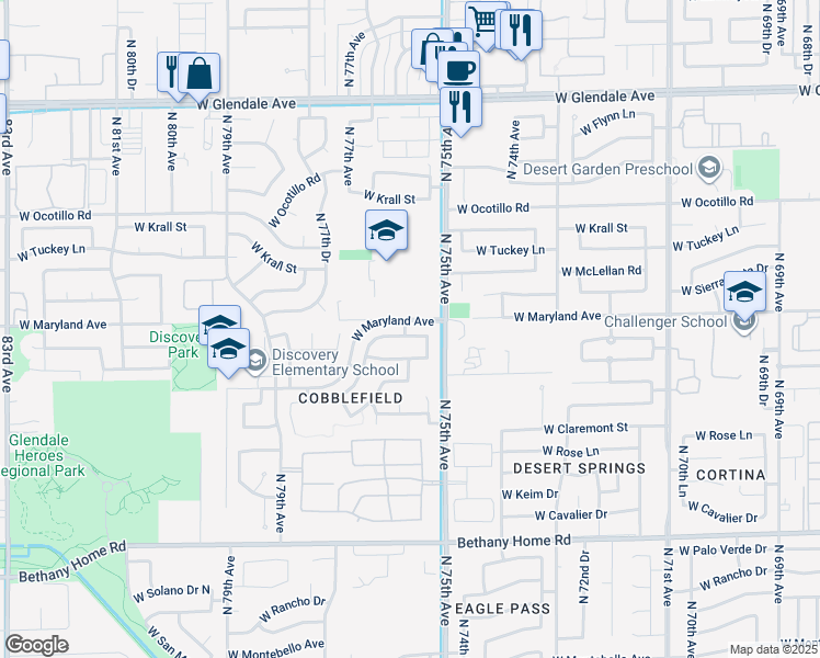 map of restaurants, bars, coffee shops, grocery stores, and more near West Maryland Avenue in Glendale
