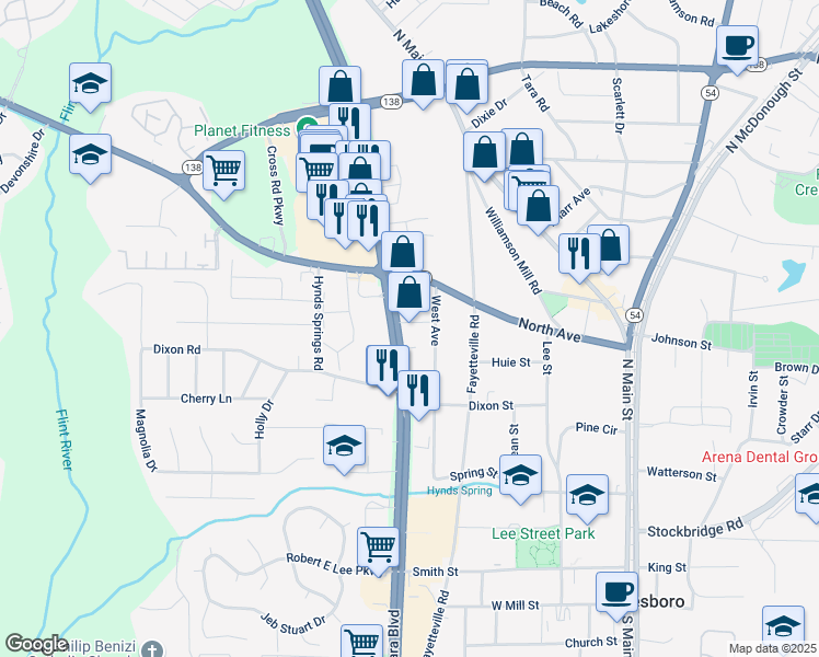 map of restaurants, bars, coffee shops, grocery stores, and more near 8180 Tara Boulevard in Jonesboro