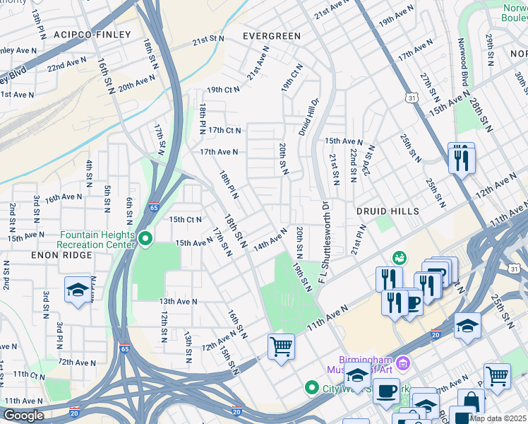 map of restaurants, bars, coffee shops, grocery stores, and more near 1509 19th Street North in Birmingham
