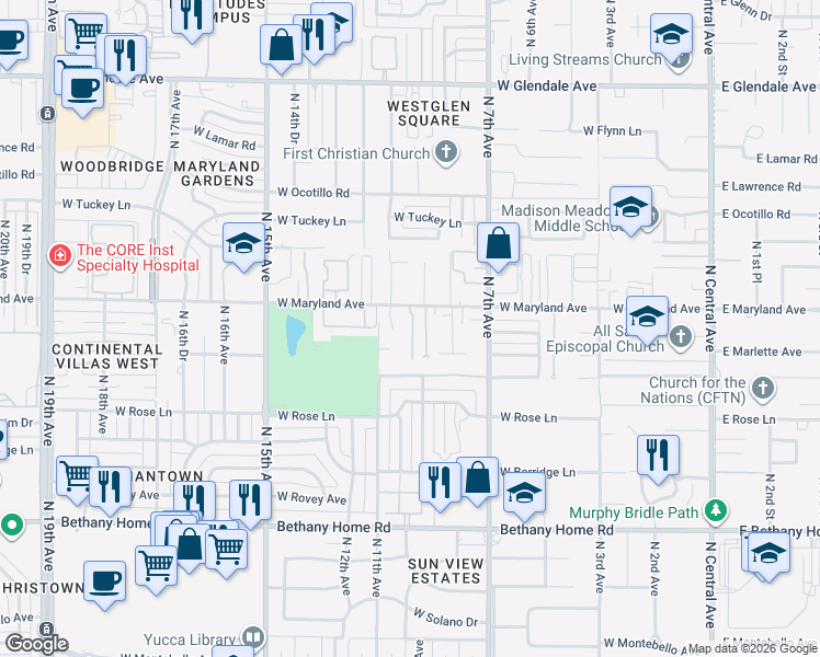 map of restaurants, bars, coffee shops, grocery stores, and more near 1039 West Maryland Avenue in Phoenix
