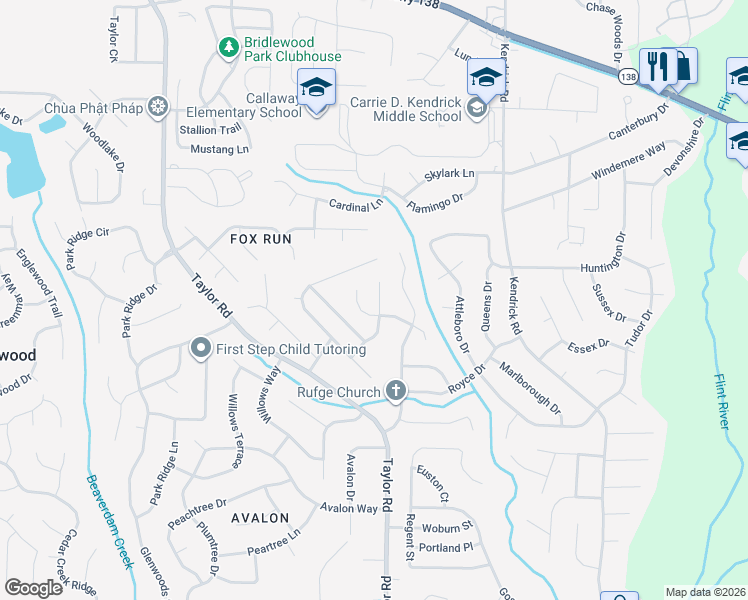 map of restaurants, bars, coffee shops, grocery stores, and more near 8205 Valley Bluff in Riverdale