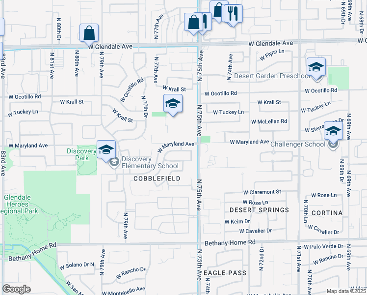 map of restaurants, bars, coffee shops, grocery stores, and more near West Maryland Avenue in Glendale