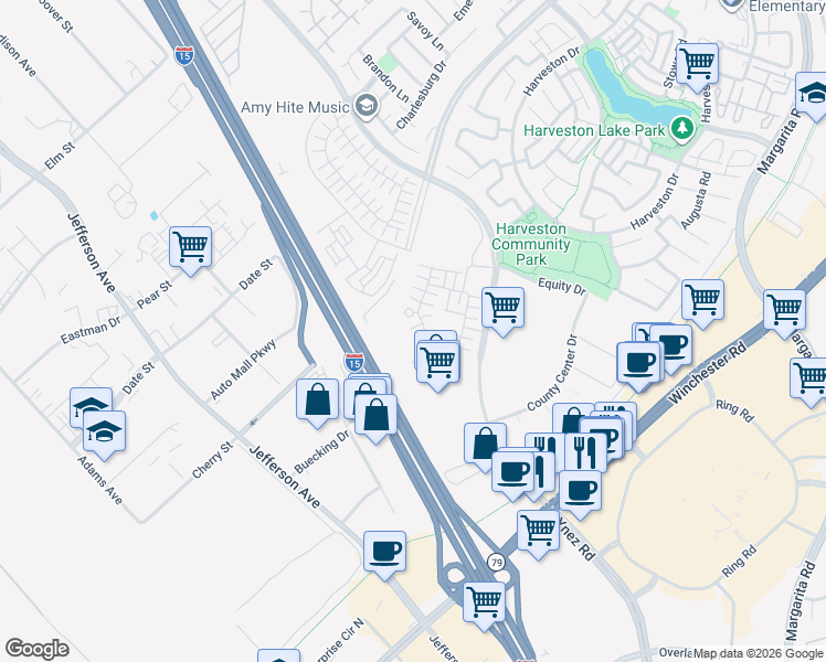 map of restaurants, bars, coffee shops, grocery stores, and more near 28473 Via Rioja in Temecula