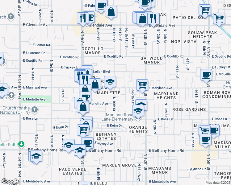 map of restaurants, bars, coffee shops, grocery stores, and more near 1017 East Maryland Avenue in Phoenix