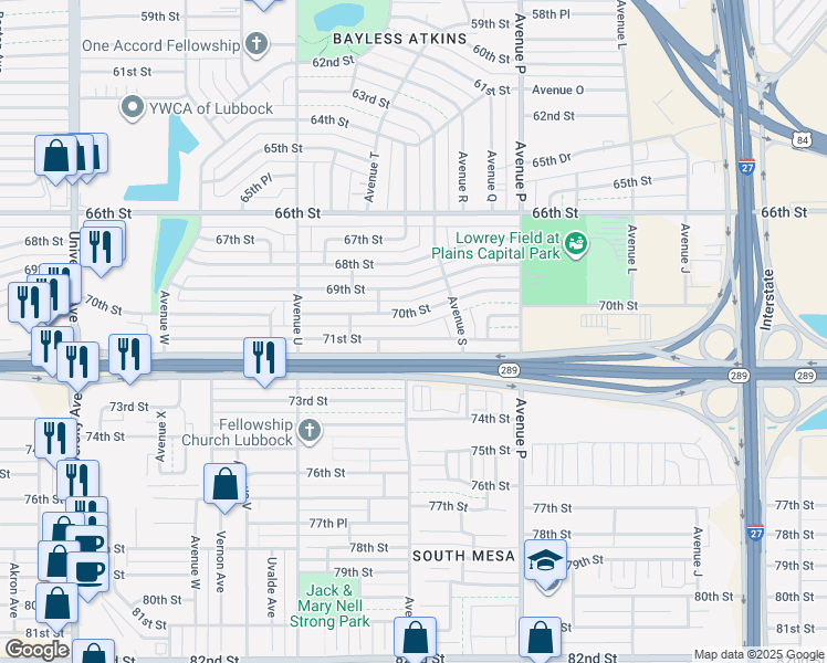 map of restaurants, bars, coffee shops, grocery stores, and more near 1919 70th Street in Lubbock