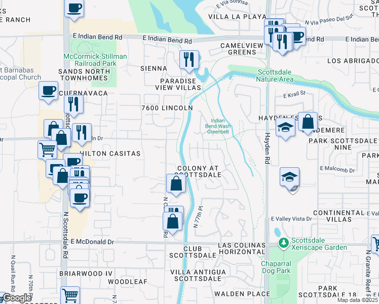 map of restaurants, bars, coffee shops, grocery stores, and more near 6461 North 77th Place in Scottsdale