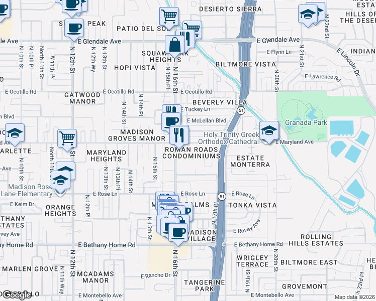 map of restaurants, bars, coffee shops, grocery stores, and more near 1610 East Maryland Avenue in Phoenix