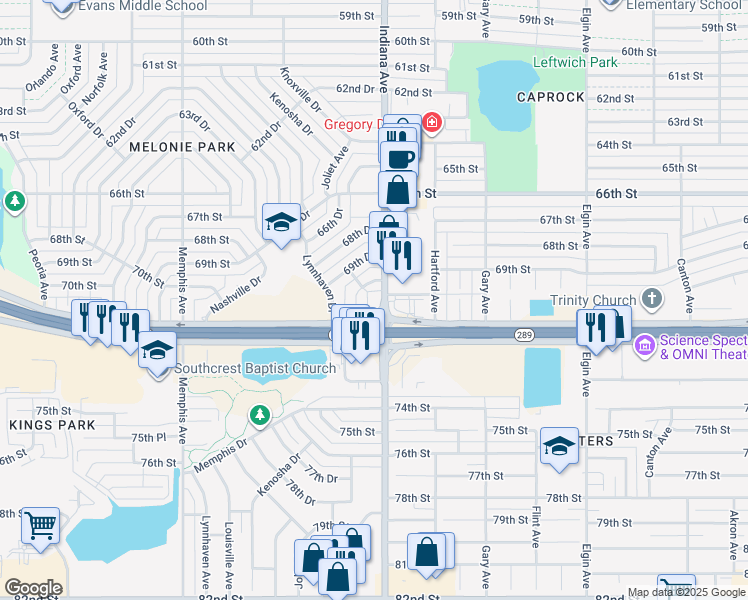 map of restaurants, bars, coffee shops, grocery stores, and more near 7065 Indiana Avenue in Lubbock