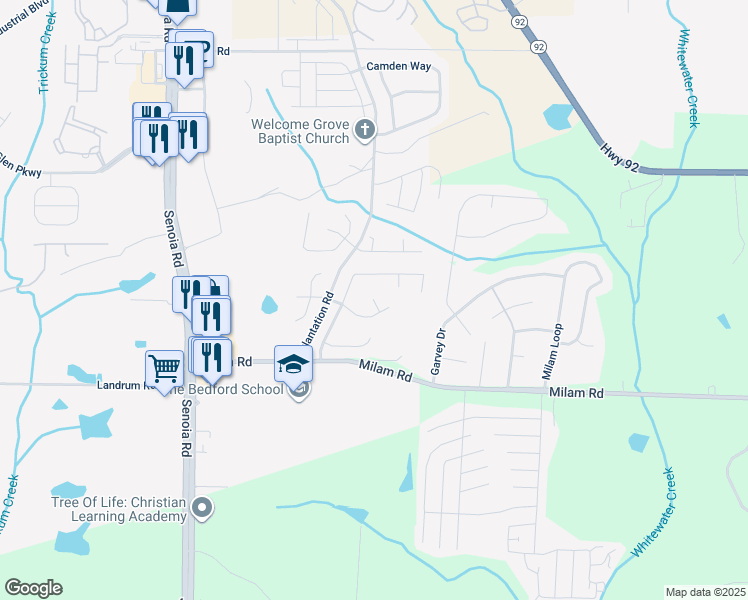 map of restaurants, bars, coffee shops, grocery stores, and more near 612 Mayfern Drive in Fairburn