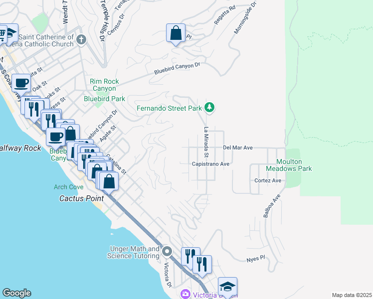 map of restaurants, bars, coffee shops, grocery stores, and more near 1089 Baja Street in Laguna Beach