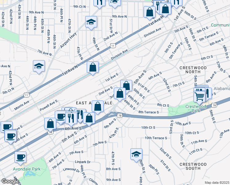 map of restaurants, bars, coffee shops, grocery stores, and more near 224 49th Street South in Birmingham