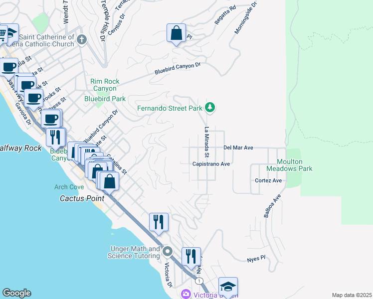 map of restaurants, bars, coffee shops, grocery stores, and more near 1089 Baja Street in Laguna Beach