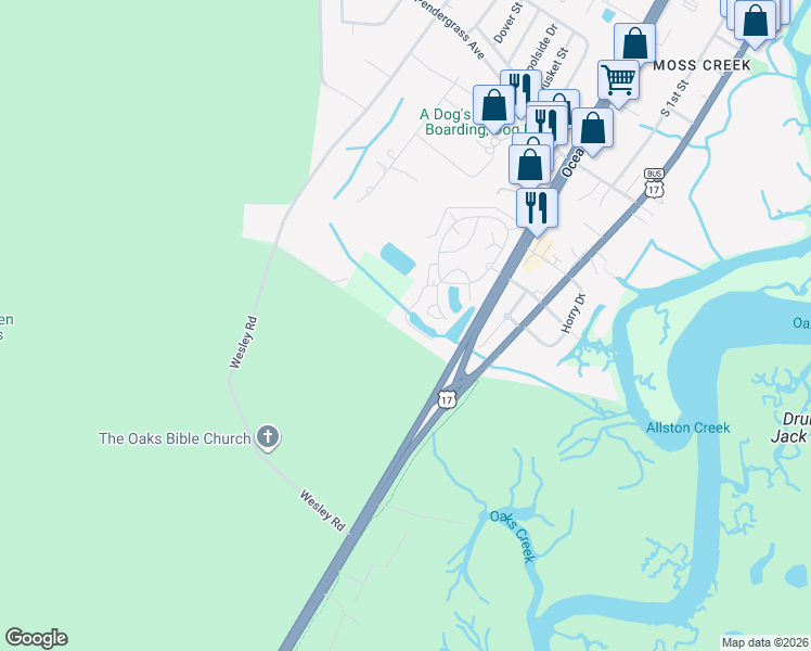 map of restaurants, bars, coffee shops, grocery stores, and more near Saxon Ct in Murrells Inlet