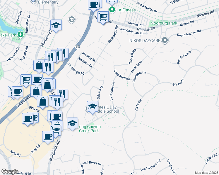 map of restaurants, bars, coffee shops, grocery stores, and more near 40188 Odessa Drive in Temecula