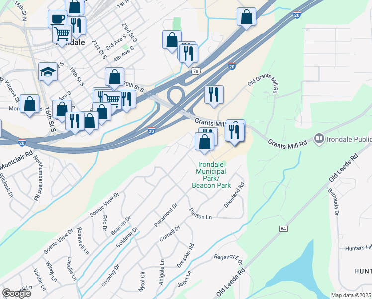 map of restaurants, bars, coffee shops, grocery stores, and more near 7231 Wisteria Drive in Irondale