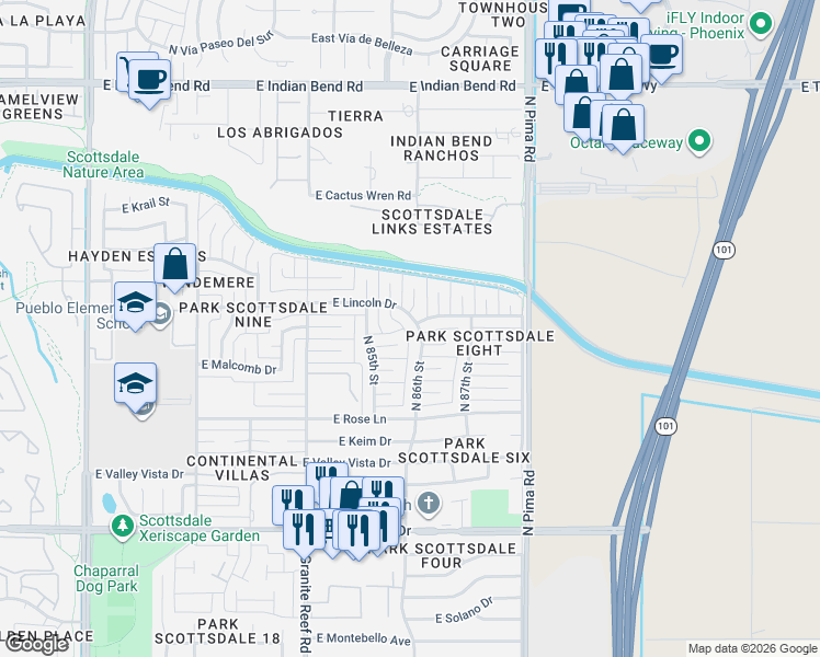 map of restaurants, bars, coffee shops, grocery stores, and more near 8602 East Lincoln Drive in Scottsdale