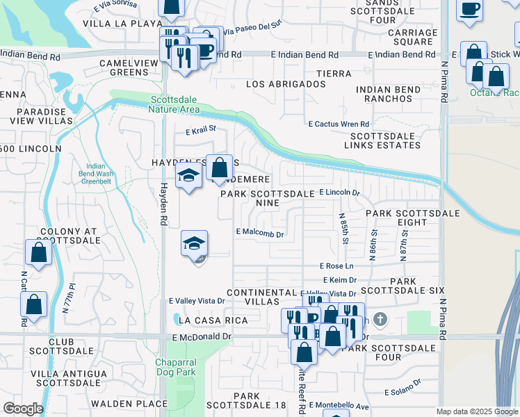 map of restaurants, bars, coffee shops, grocery stores, and more near 6419 North 82nd Way in Scottsdale