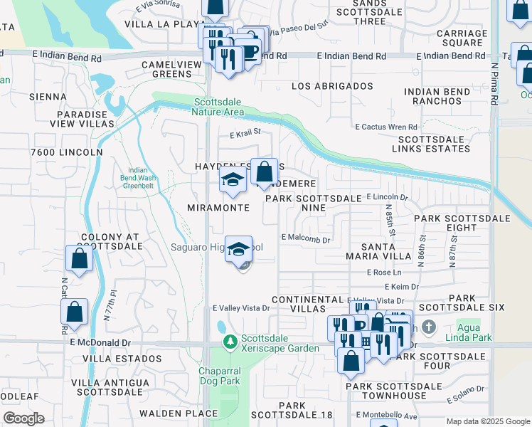 map of restaurants, bars, coffee shops, grocery stores, and more near 8201 East Lincoln Drive in Scottsdale