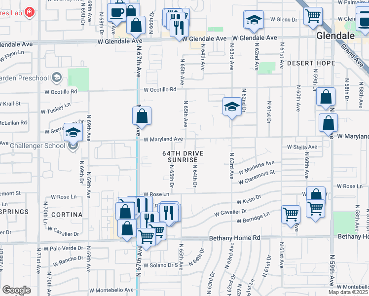 map of restaurants, bars, coffee shops, grocery stores, and more near 6435 West Maryland Avenue in Glendale