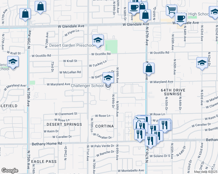 map of restaurants, bars, coffee shops, grocery stores, and more near 6946 West Maryland Avenue in Glendale