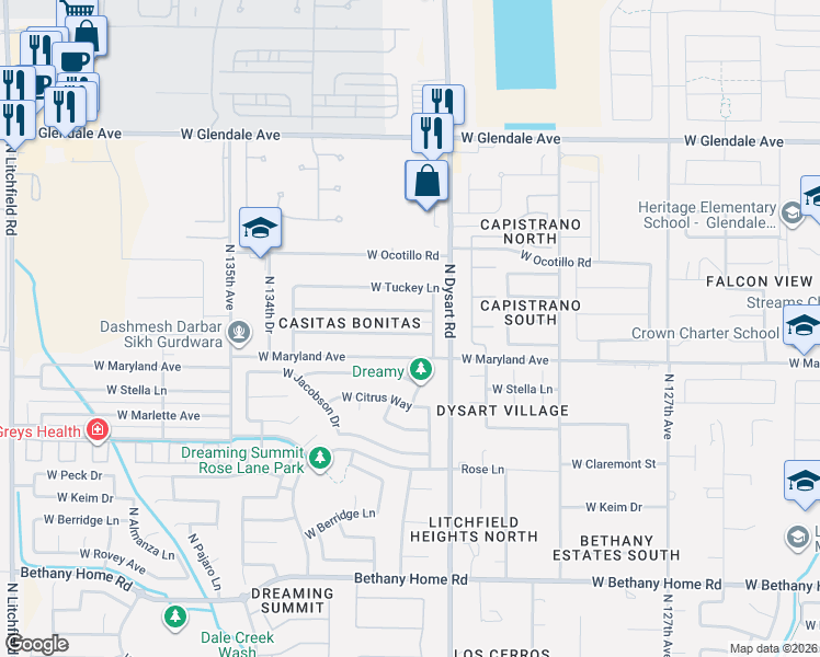map of restaurants, bars, coffee shops, grocery stores, and more near 13141 West McLellan Road in Glendale