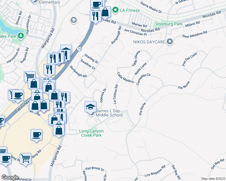map of restaurants, bars, coffee shops, grocery stores, and more near 40188 Odessa Drive in Temecula