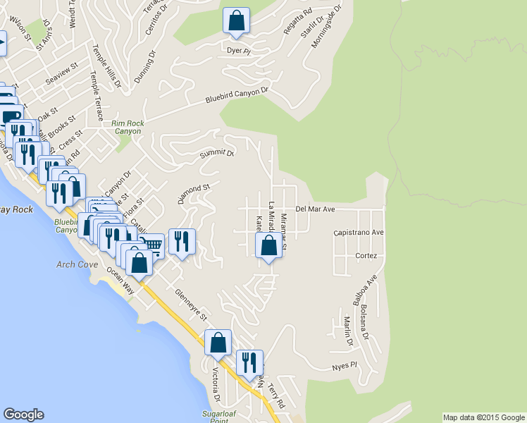 map of restaurants, bars, coffee shops, grocery stores, and more near 1135 Katella Street in Laguna Beach