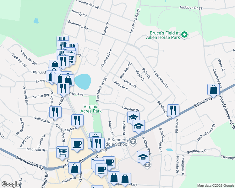 map of restaurants, bars, coffee shops, grocery stores, and more near 151 Kendallwood Court in Aiken