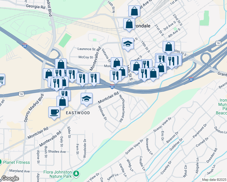 map of restaurants, bars, coffee shops, grocery stores, and more near 7950 Crestwood Boulevard in Irondale