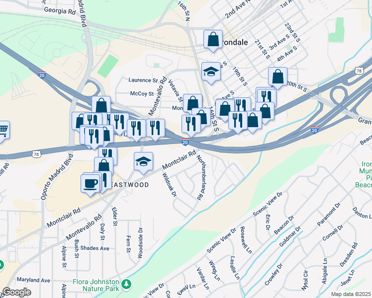 map of restaurants, bars, coffee shops, grocery stores, and more near 7947 U.S. 78 in Birmingham