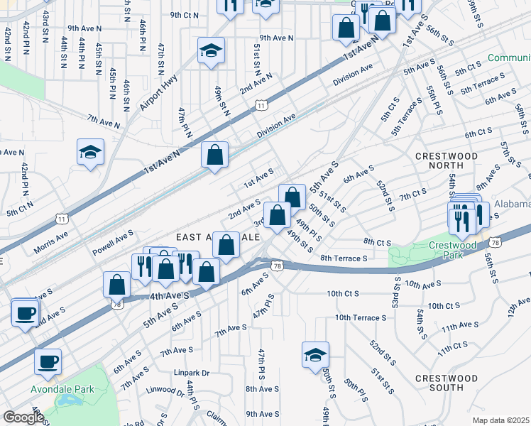map of restaurants, bars, coffee shops, grocery stores, and more near 224 49th Street South in Birmingham