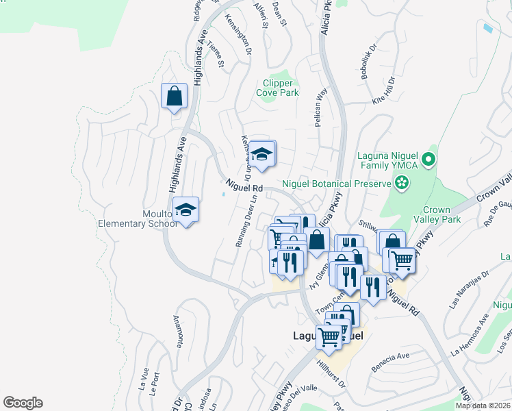 map of restaurants, bars, coffee shops, grocery stores, and more near 29792 Running Deer Lane in Laguna Niguel
